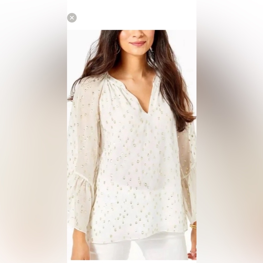 🤍 NWOT Lilly Pulitzer Matilda Silk Blouse Size Large Cream Gokd🤍